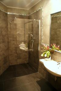 een badkamer met een douche en een wastafel bij Hotel Starzyński in Płock