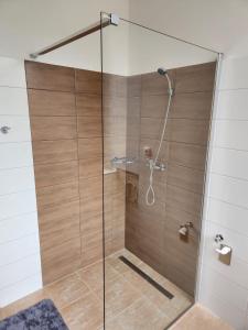 y baño con ducha y puerta de cristal. en Ubytování Janovice nad Úhlavou, Rozvojová zóna 186, en Janovice nad Úhlavou