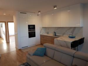 ein Wohnzimmer mit einem Sofa und einer Küche in der Unterkunft River Deluxe Atal Towers Apartment in Breslau