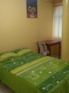 Un dormitorio con una cama verde y una mesa en Hospedaje OMAR, en Rioja