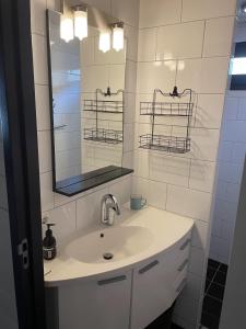 een witte badkamer met een wastafel en een spiegel bij BPW 1155 - Bospark Wolfsven in Mierlo