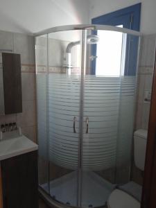 a shower with a glass door in a bathroom at Studio Poseidon in Leipsoi