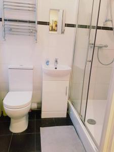een badkamer met een toilet, een douche en een wastafel bij Modern Apartment in Great Location in London in Londen