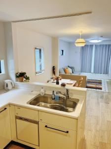 a kitchen with a sink and a living room at 成田羽田空港直行 skytree 上野 asakusa 銀座直行 駅から徒歩8分新築戸建 駐車場付いてない in Tokyo