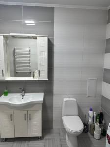 a bathroom with a toilet and a sink and a mirror at ВІП квартира в новобудові в центрі міста in Rivne