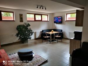 ein Wohnzimmer mit einem Tisch und Stühlen in der Unterkunft Cluj City Marasti Apartament 1 in Cluj-Napoca