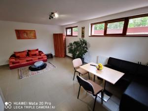 uma sala de estar com um sofá e uma mesa em Cluj City Marasti Apartament 1 em Cluj-Napoca