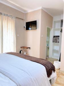 a bedroom with a bed and a television on the wall at Ranzi Court Guest House in Palatswe