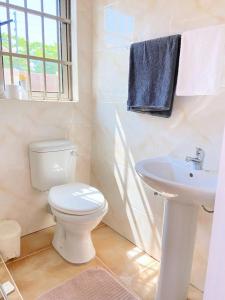 Łazienka z białą toaletą i umywalką w obiekcie Ranzi Court Guest House w mieście Palapye