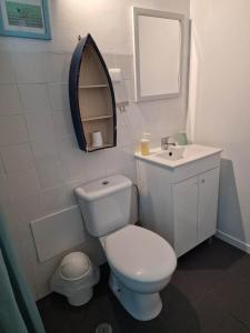 a bathroom with a toilet and a sink and a mirror at The Aqueduct Guesthouse in Évora