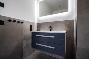 un baño con lavabo y espejo en Ferienhaus Schilfblick, en Buchholz 16 fotos más