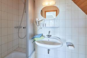 a bathroom with a sink and a shower and a mirror at Vosskuhl Kabuff Dree in Südermarsch