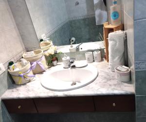 eine Badezimmertheke mit einem Waschbecken und einem Spiegel in der Unterkunft Casetta la Terrazza in Civita Castellana
