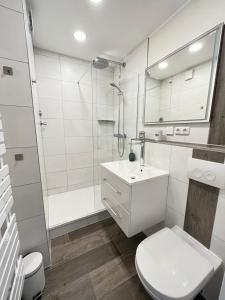 a bathroom with a toilet and a sink and a shower at Ferienwohnung Andreas Seeblick in Großenbrode