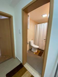 een badkamer met een toilet en een douche bij City View Condominium in Skopje