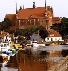 a group of boats in a river with a large building at Apartament Przystań in Frombork