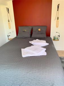 a bed with two white towels on top of it at Chambre d'Hôtes Les Petits Oiseaux in Nantes