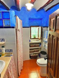 uma casa de banho com um tecto azul e um WC. em Casa rústica con piscina LA GRANÁ em Bullas