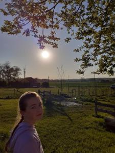 a young girl standing in a field with the sun in the sky at Sheepinn hoekje in Tielt