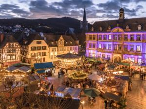 une ville illuminée avec des gens devant des bâtiments dans l'établissement Pfälzer Herzel, à Neustadt an der Weinstraße