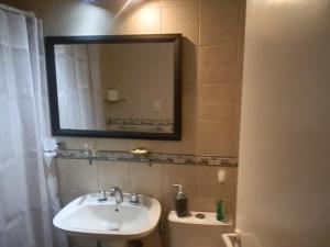 baño con lavabo y espejo en la pared en Excelente monoambiente completo, funcional y muy cómodo - Zona "Aldrey" en Mar del Plata