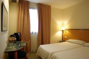 ログローニョにあるHostal Meson Pepaのベッドと窓が備わるホテルルーム