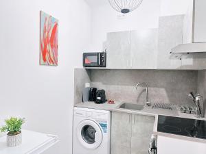 eine Küche mit einer Waschmaschine und einem Waschbecken in der Unterkunft Charming Three Bedrooms apartment near Vienna Central Station in Wien