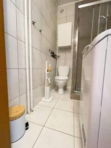 a white bathroom with a toilet and a shower at Cozy studio apartment Yellow in Gdansk Wrzeszcz in Gdańsk