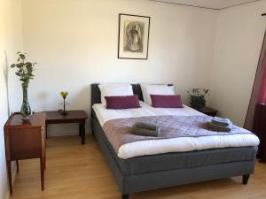 Un dormitorio con una cama con almohadas moradas. en Nila's Stuga, en Diö