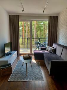 ein Wohnzimmer mit einem Sofa und einem Tisch in der Unterkunft REMAR - Apartamentai prie Necko Ežero in Augustów