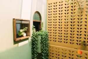 a wall with a mirror and plants on it at Deja Vu House Ha Long in Ha Long