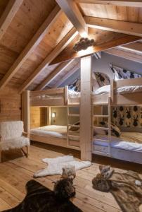 a attic room with two bunk beds and two cats at Luxueux chalet avec vue sur les pistes et le Hohneck in Le Tholy