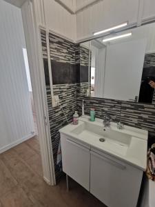 ein Badezimmer mit einem weißen Waschbecken und einem Spiegel in der Unterkunft SPACIEUX APPARTEMENT FRONT DE MER in Saintes-Maries-de-la-Mer