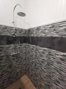 eine Dusche im Bad mit braunen und schwarzen Fliesen in der Unterkunft SPACIEUX APPARTEMENT FRONT DE MER in Saintes-Maries-de-la-Mer