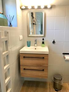 a bathroom with a sink and a mirror at Nadmorski Las in Sztutowo