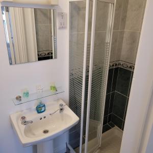 a bathroom with a sink and a shower at Dun Maeve Guesthouse in Westport