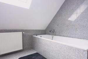 a bathroom with a white bath tub in a room at Apartments in the historic part of Znojmo in Znojmo