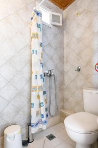 y baño con cortina de ducha y aseo. en VILLAGE CLUB 27, en Nea Fokea