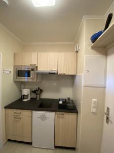 a small kitchen with white cabinets and a microwave at Marina View in Burgtiefe auf Fehmarn  +27 photos