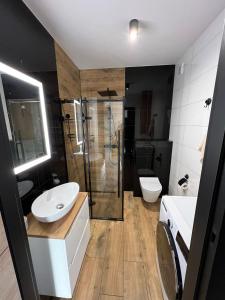 uma casa de banho com um chuveiro, um lavatório e um WC. em Villa Zamkowa em Lidzbark Warmiński