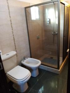 a bathroom with a shower and a toilet and a sink at Linda casa en Barra de Carrasco in Montevideo
