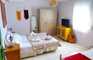 a bedroom with two beds and a mirror and a guitar at Agritourism Cottage near Sitia (Henhouse) in Sitia
