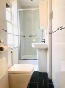 a bathroom with a toilet and a shower and a sink at Excellent Studio flat in London in London