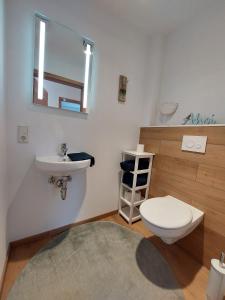 a bathroom with a toilet and a sink and a mirror at Plüschmors in Wittmund +19 photos