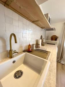 uma cozinha com um lavatório e uma bancada em Studio Pampa - Centre historique - Climatisation - WiFi em Grasse