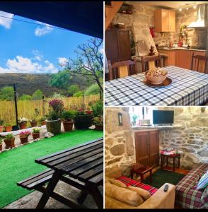 a collage of pictures of a kitchen and a picnic table at Casa rural Buxo Ribeira Sacra in Carballedo