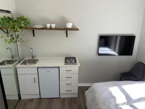 a small kitchen with a sink and a bed at SOLAR POWERED - Heart of Constantia2 in Cape Town