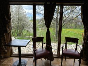 einen Tisch und zwei Stühle vor einem Fenster in der Unterkunft Crângul Verde in Minciuneşti