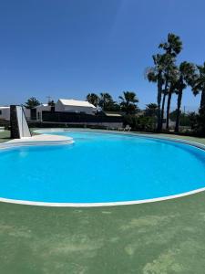 a large blue swimming pool with trees in the background at Casa Lia and friends in Playa Blanca