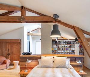 a bedroom with a bed and a book shelf at Ancienne fabrique de soie À la Galicière in Chatte